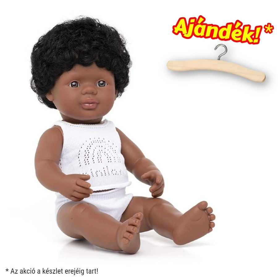 Baba, afroamerikai fiú, fehérneműben, 38 cm,  Miniland ML31159